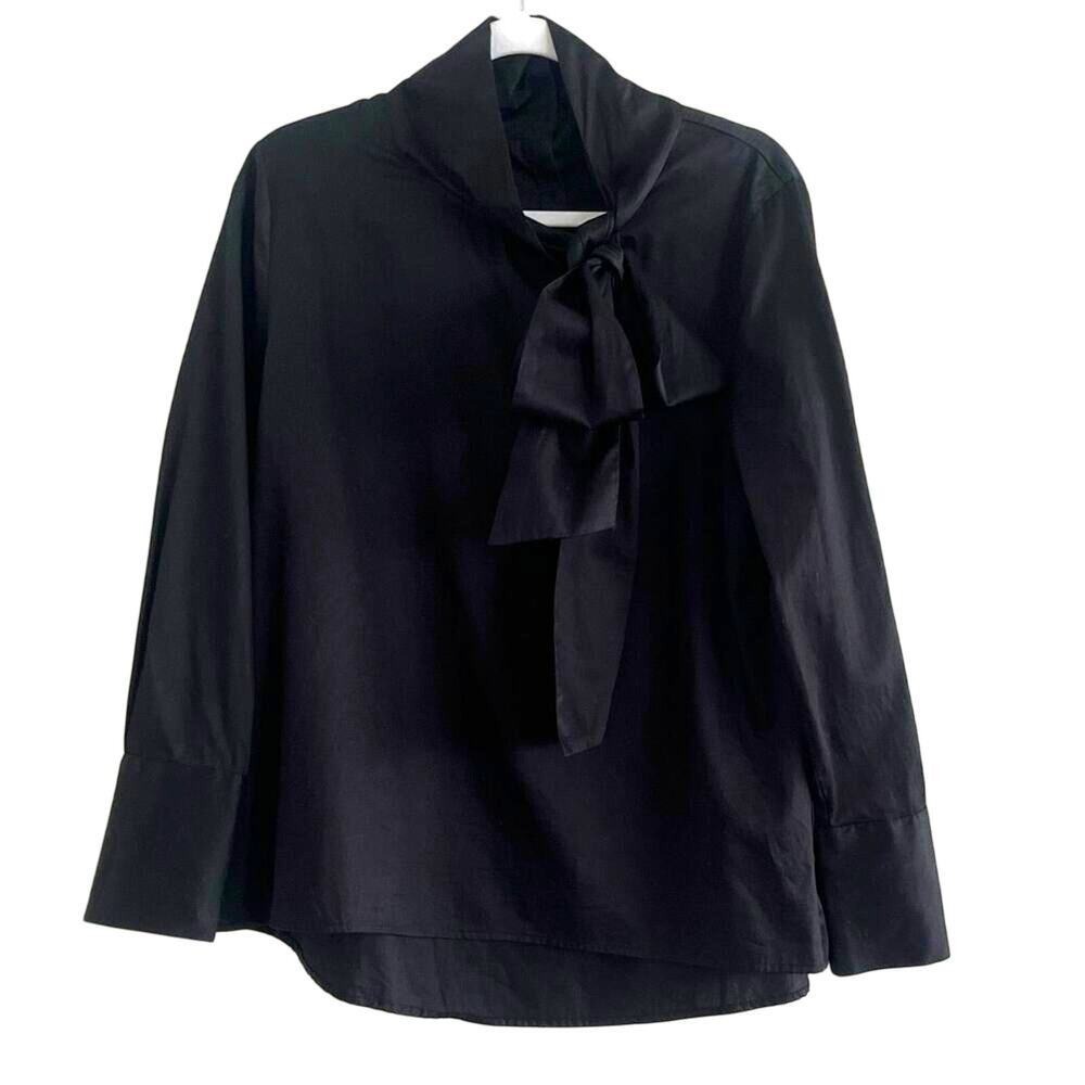 LaRoque Classic Bow Neck Blouse Long Sleeve Large Black Cotton Career Timeless